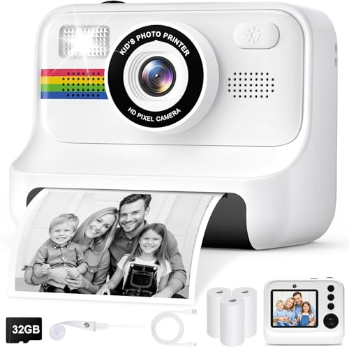 Gontence Macchina Fotografica Bambini, 2.4 HD Selfie Fotocamera Bambini con Scheda da 32 GB e 3 Rotoli di Carta da Stampa, Giochi Regalo Natale bambini bambino 3-12 Anni(Bianco)