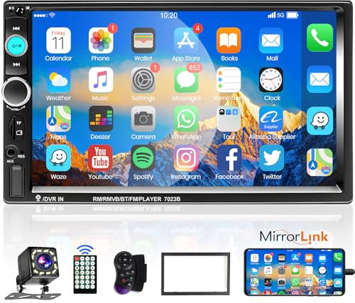Podofo 2 Din Autoradio mit Bildschirm 7'' Mirror Link Für IOS/Android Bluetooth Freisprecheinrichtung FM Radio USB Lenkradsteuerung 7 Farbtaste AUX-IN mit 12LED Rückfahrkamera