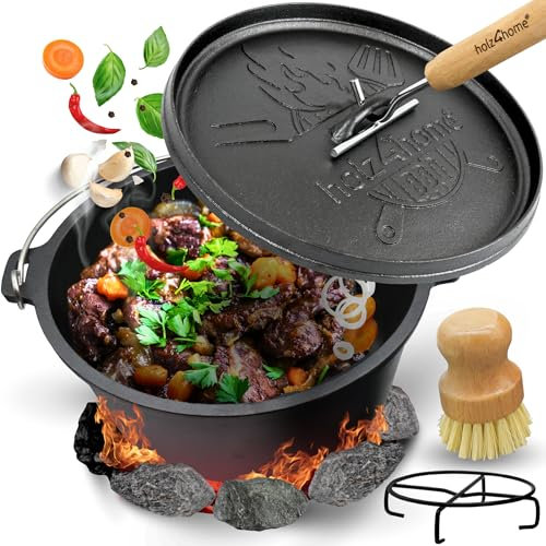 holz4home® Dutch Oven Set [12L, Ohne Füße] I Eingebrannter Feuertopf Gusseisen I Schmortopf mit Deckelheber und Zubehör I Dopf Kochtopf Bräter für Garten Lagerfeuer Camping