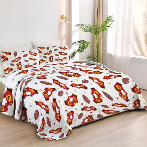 Allenjoy King Size Kansas City Quilt Bedspreads Professional Football Team Bed Set Bedding Coverlet Fabric Washable with 2 Pillowcases SC00079-007