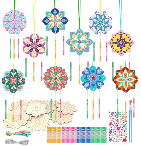 SRIZIAN 10 Pièces Kit Bricolage Carillon à Vent, Mandala en Bois à Peindre pour Enfants Ornements Suspendus en Bois Décoration de Fête d'anniversaire