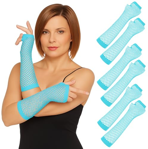 3 Pairs Neon Lace Fingerless Fishnet Gloves - 80s Retro Theme Party Fish Net Mesh Arm Sleeves For Disco Dance Halloween Costume Accessories, Turquoise
