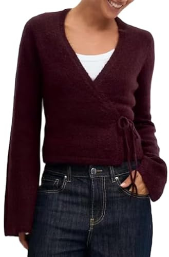 SANSIWU Women Tie Front Knitted Cardigan Y2k Wrap Over Oversized Sweater Solid Color Long Sleeve Loose Knitwear Tops (A-Burgundy, M)