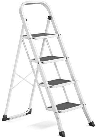 SONGMICS Scaletta, Scala a 4 Gradini, Scaletta Pieghevole, Chiusura di Sicurezza per Piegamento, Facile da Riporre, Portante 150 kg, Bianco GSL004WZ01
