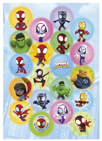 dekora – Mini dischi commestibili Spidey Ø 3,4 cm x 20 pz | Decorazione per cupcakes, biscotti e torte | Senza zuccheri aggiunti | Licenza ufficiale Marvel | Senza glutine | Adatti ai vegani