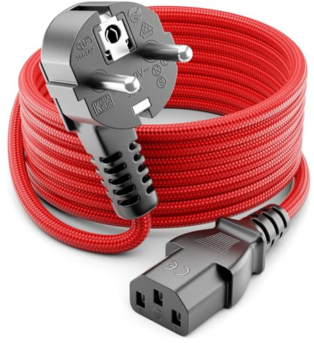 deleyCON 3,0m Cable de Alimentación IEC de Nylon Acodado 90 Grados - Conector Eléctrico con Toma de Tierra (Enchufe Tipo F a Conexión C13) para PC Ordenador Monitor Impresora Proyector - Rojo