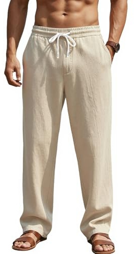 Muwodkdn Pantalon Lin Homme Été Léger Casual avec Cordon de Serrage | Pantalons de Plage Yoga Pantalons Décontracté Coupe Droite Taille Elastique pour Les Vacances à La Plage