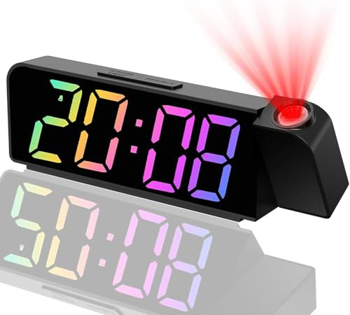 AONAT Reloj Despertador de Proyección Digital LED para Techo de Dormitorios, 180° Rotativo Relojes de proyección, Cargador USB, Brillo Ajustable, Relojes Proyector Techo para Dormitorio, Oficina