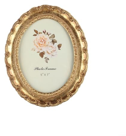 Marco de fotos ovalado vintage de 7 pulgadas de resina dorada con ribete de encaje tallado, elegante exhibición de mesa para decoración del hogar, dormitorio, sala de estar