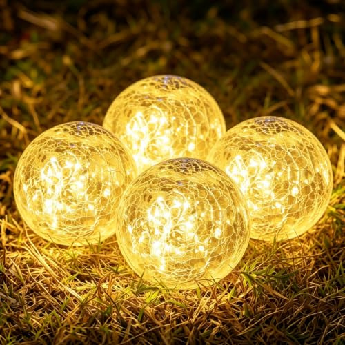 HUIKUANGEU Solarlampen für Außen,4 Stück Solar Kugelleuchte,Solarleuchten für Außen,Bruchglas Solarlampen für Außens Garten,Solar Bodenleuchten IP44 Wasserdicht Solarleuchten,für Hof,Weg,Rasen