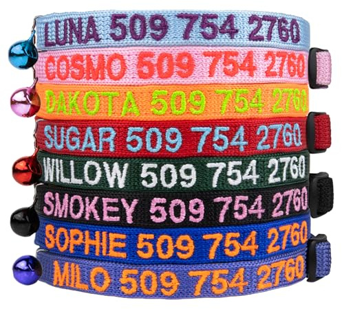 GoTags Personalized Cat Collars with Breakaway Safety Release Buckle, Custom Embroidered Cat Collar with Pet Name and Phone Number, Adjustable Nylon ID Collar with Bell for Cat or Kitten (Pack of 1)
