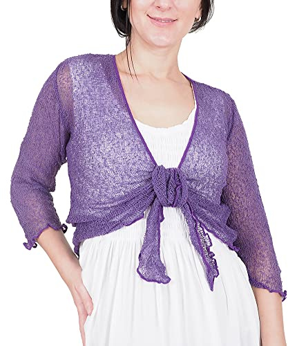 Mimosa damer virkad rull Bolero glitter eller vanlig superstretchig spets fisknät slips i midja Bolero öppen cardigan passar UK 6-28, Lila, one size