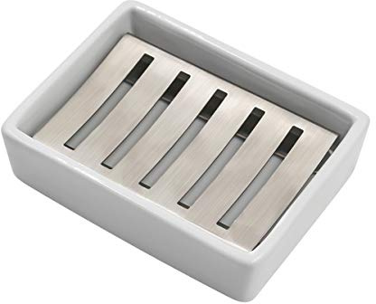 TOPSKY Ceramic Soap Dish Holder Stainless Steel for Bathroom, Double Layer, Self-draining Soap Tray, Say No to Mushy Soap, Easy Cleaning. (White)