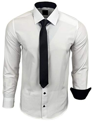Baxboy 444-BK Herren Kontrast Hemd Business Hemden mit Krawatte Hochzeit Freizeit Fit, Farbe:Weiss/Schwarz, Größe:M