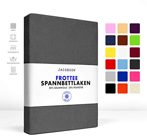 Jacobson Premium FROTTEE Spannbettlaken Spannbetttuch Bettlaken Baumwolle ca. 200g/m² (Topper 180-200x200cm, Anthrazit)