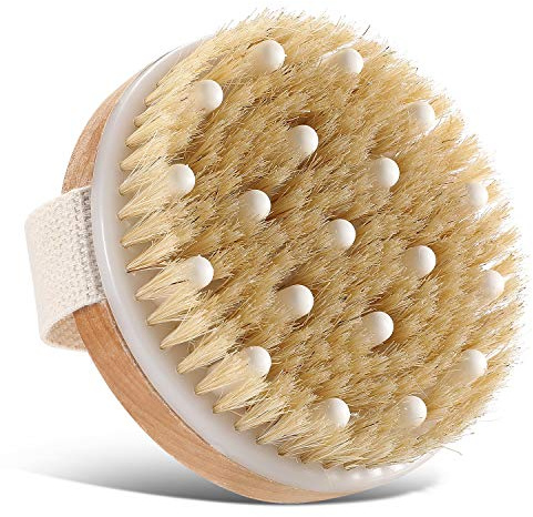 Brosse corporelle pour brossage humide ou sec, brosse peeling ronde, nœuds de massage doux, soies naturelles. Améliore les fonctions lymphatiques, exfolie, stimule la circulation sanguine