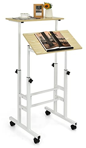 GIANTEX Bureau Assis-Debout à Hauteur Réglable, Bureau Informatique à 2 Niveaux sur roulettes, Cadre en Acier Renforcé, Naturel/Brun (Naturel)