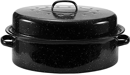 JY COOKMENT 19 Enameled Oval Roasting Pan with Domed Lid - Great for Roasting Turkey, Chicken, Lamb, Vegetables - Dishwasher Safe, Fits 20lb Turkey