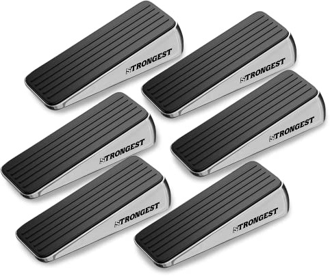 STRONGEST HOME Door Stoppers for Bottom of Door – Heavy Duty Metal Rubber Stopper, Non-Slip Door Stop for Heavy Doors, Works on Wood, Tile & Carpet, Wedge Chrome 6 PCs + 6 White Wall Protectors