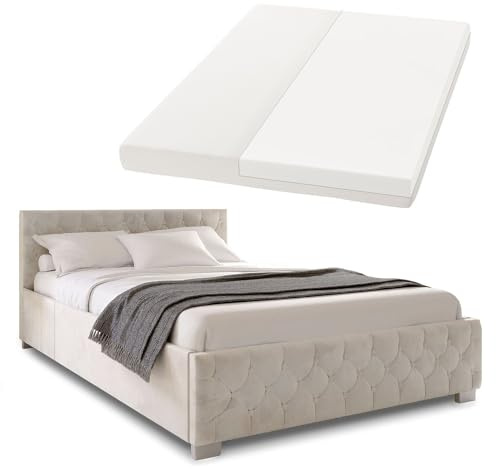 Juskys Polsterbett Nizza 120x200 cm mit Matratze, Bettgestell mit Lattenrost, Stauraum & LED Beleuchtung, Samtbezug, Chesterfield-Steppung, Beige