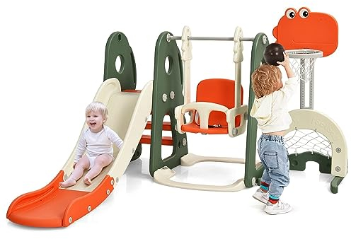 DREAMADE 5 in 1 Kinderrutsche mit Schaukel und Basketballkorb Fußballtor Golfloch, Kinder Rutsche- und Schaukelset, Kinder Spielplatz für Indoor und Outdoor (Orange)