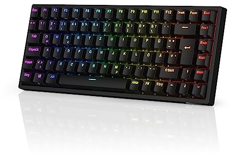 RK ROYAL KLUDGE RK84-DE 75% Gaming-Tastatur, 85 Tasten TKL Tastatur, Bluetooth Mechanische Tastatur, Rote Schalter, RGB Hintergrundbeleuchtung, 2.4Ghz Gaming Tastatur für Mac & Windows, Schwarz,QWERTZ