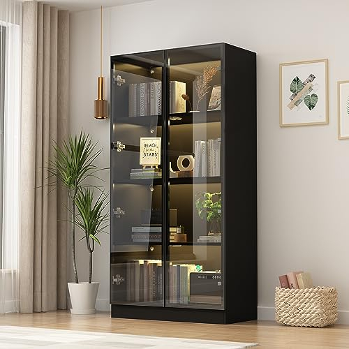 Caldion Vitrinenschrank mit Glastüren und 3 Beleuchtung,Glasvitrine Stehend, Vitrine mit 4-stufigen Einlegeböden, Glasschrank mit Pop-up Design,Vitrine mit 2 Glastüren Schwarz,80x40x160cm