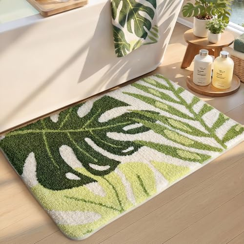Color&Geometry Cute Leaf Bathroom Rug, Plush Absorbent Non Slip Washable Plant Decor Bath Mat, Ideal for Shower Sink, Bathtub Floor, Bedroom, Kids Room, 17x30, Green