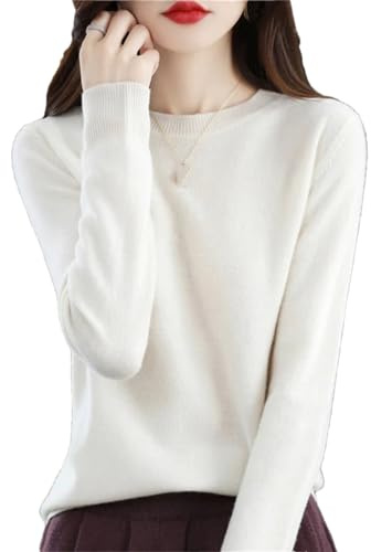 Höst vinter 100 % merinoull tröja kvinnor stickning kashmir pullover enkel V-ringning chic varma toppar, Vitt, S