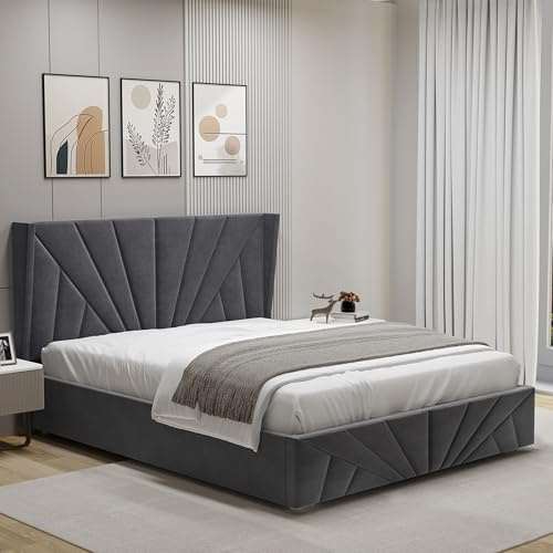 Ottoman Bed Frame Gas Lift Up Bed Upholstered King Size, Wooden Slats Space Saving Bed Frame UKFR Velvet Bed with Storage, 5ft Dark Grey King No Mattress