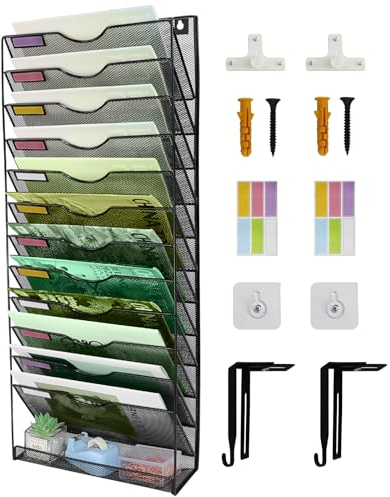 HIHOBDAY Zeitschriftensammler mit 13 Ebenen, Wandmontage, Zeitschriftensammler, Mental Mesh Zeitschriftenständer zum Aufhängen, A4-Büro-Wand-Organizer, Wand-Organizer