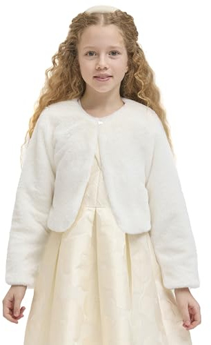 Lilax Girls Cozy Faux Fur Bolero Shrug Long Sleeve Crew Neck Dress Coat (Cream, 8)