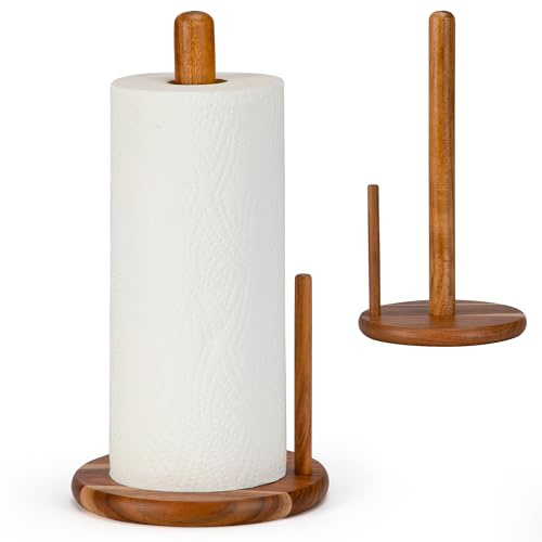 Acacia Wood Paper Towel Holder Countertop, Wooden Paper Towel Holder with Solid Base, Easy to Assemble, Sturdy & Durable Kitchen Roll Holder, Natural Wood