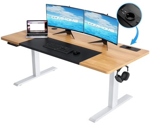COMHOMA Höhenverstellbarer Schreibtisch 140x60 cm mit USB-Buchse und Haken, Elektrisch Verstellbarer Computertisch, Steh-Sitztisch Stehpult Stehschreibtisch braun