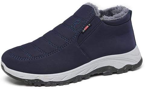 ZGHNP Men's Wide Warm Fur Lined Slip On Snow Boots Winter Hand Stitching Low Top Anti-Slip Loafers Shoes Comfortable Lightweight Casual Walking Shoes (Blue,11)