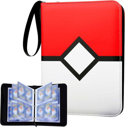 Card Binder 4 Pockets, 400 Pockets Card Holder with 50 Removable Sleeves, Trading Card Collector Zipper Album Holder (Red & White #2)