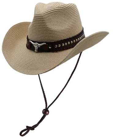 MivBuks Strohhut Herren Sommer Cowboy Hut für Herren Damen Sommerhut Westernhut UV Schutz onnenhut Panama Hut (DE/NL/SE/PL, Alphanumerisch, M, B-Beige)