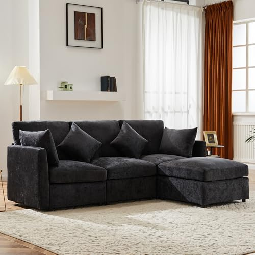 Zepneiy Grand canapé avec fonction couchage 3 places en forme de L, design moderne, meubles rembourrés, chaise longue avec repose-pieds, salon, meubles, canapé-lit pour maisons Chenille, gris