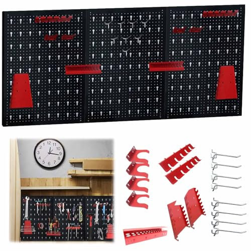 TATIVALO Avec 17 parois perforées en métal, 120 x 60 x 2 cm, paroi perforée à crochets, 3 plaques perforées, pour atelier, entrepôt, étagère murale