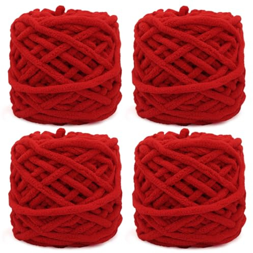 Pelotes de Laine Grosse Maille, 4 x 100 g Pelote de Laine Epaisse pour Aiguilles 7-8 mm, Laine Crochet Epaisse Idéale pour Tricoter des Bonnets, des Écharpes, des Pulls et des Chaussons (Rouge Vif)