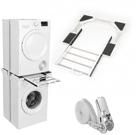 Relaxdays Torkmaskin Stapling Ram Kit på Tvättmaskin Justerbar 45-72 cm, Universal, Vit, 8,5 x 71 x 58 cm