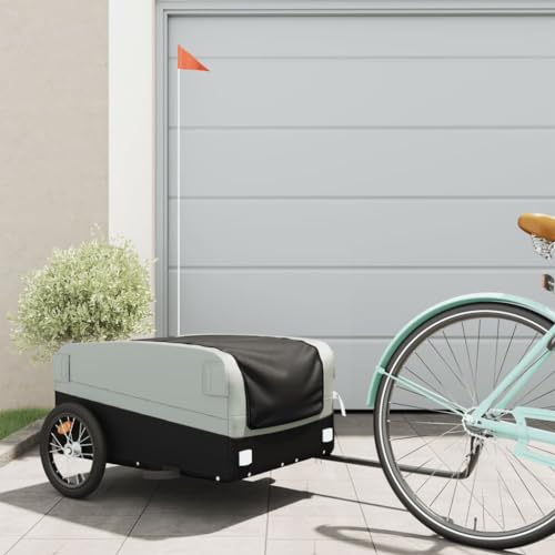 Runheo Remorque de vélo noire et grise en fer de 45 kg, 126 x 63 x 50 cm, pliable, avec drapeau de sécurité, adaptée pour les charges, les enfants, les chiens et le shopping au quotidien