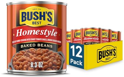 BUSH'S BEST 8.3 oz Canned Homestyle Baked Beans, Source of Plant Based Protein and Fiber, Low Fat, Gluten Free, (Pack of 12)