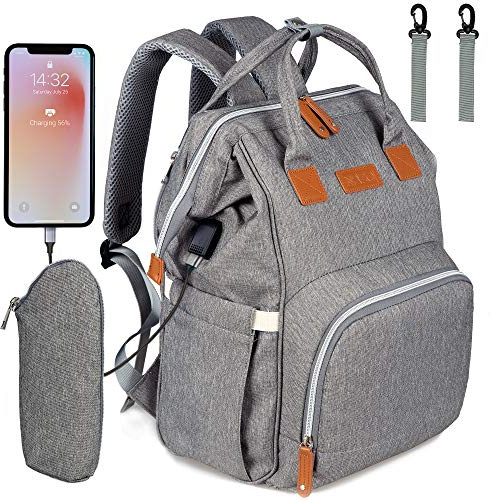 NEVEQ Babyblöjryggsäck, multifunktionell reseskötväska med USB, stor kapacitet med flera funktioner, gråbrun