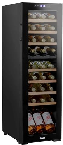 Dellonda Baridi 27 Bottle Dual Zone Wine Cooler, Fridge with Digital Touch Screen Controls, Wooden Shelves & LED Light, Black - DH90