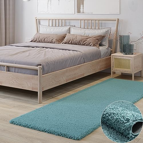 MY-RUG Shaggy Star kuscheliger Langflor Teppich, Rutschhemmende Unterseite, extra Langer Hochflor 37 mm, Pflegeleicht, Super Soft, Felloptik, hellblau, himmelblau, Babyblau, Läufer 250 x 80 cm