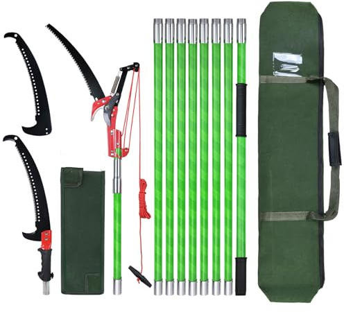 Sierra de podar manual, mango de 8 m, longitud ajustable. Herramientas, pértiga telescópica para poda de palmeras, largo alcance, bolsa de transporte. Corta limpio y rápido ramas altas, con tijera B