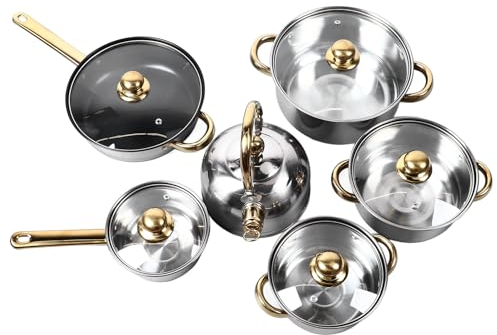 Ensemble de 12 Casseroles et Poêles en Acier Inoxydable, Batterie de Cuisine Professionnelle avec Poignée Dorée, Poêle à Frire Résistante à la Chaleur et Facile à Nettoyer pour