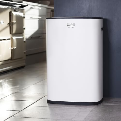 CHARLES BENTLEY 55 Litre Capacity, White Sensor Bin, Kitchen Bin, Rubbish Bin, Waste Bin, Sensor Bins, for Kitchen, Dining Room, Battery Operated, Auto Close, Bin Ring, Black Plastic Trim (61x42x28cm)
