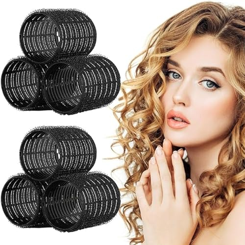 AMJKEJI Bigoudis Cheveux, 6 Rouleaux Cheveux Auto-adhésifs, 60mm Gros Bigoudis, Noir Hair Rollers, Adaptés aux Cheveux Longs, Moyens et Courts